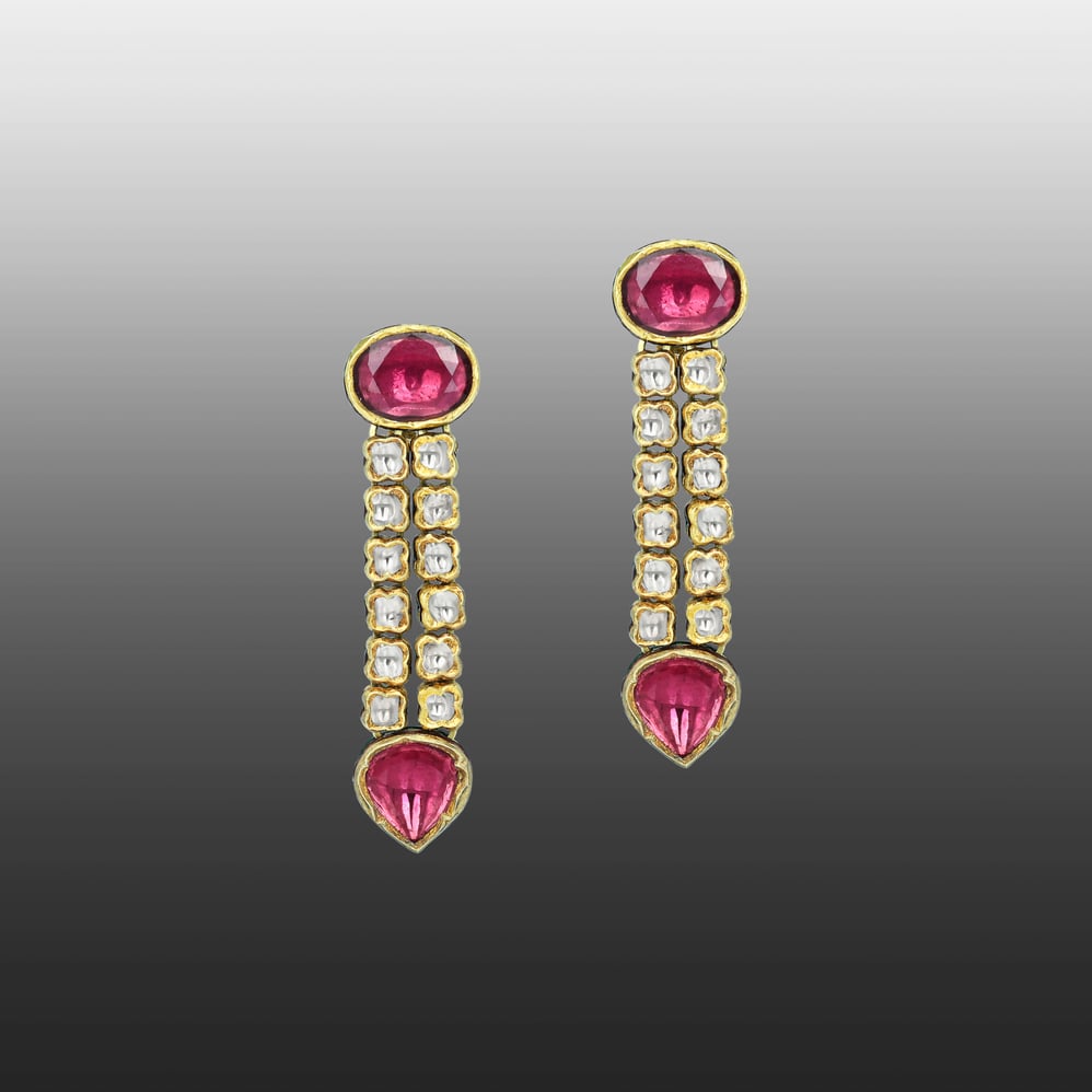 Polki Diamond Necklace Set with Deep Pink Gemstones and Drop